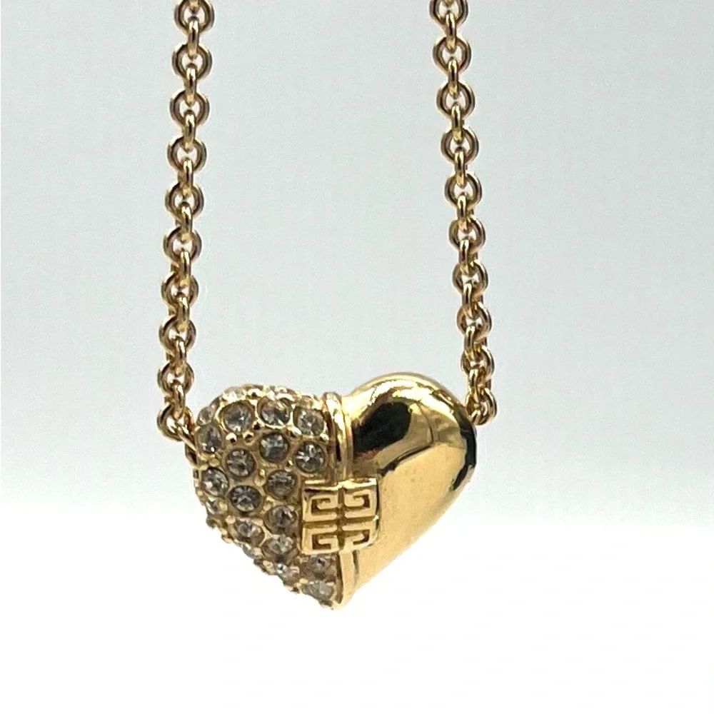 Vintage Givenchy Gold Heart Pendant Necklace with Crystal Accents